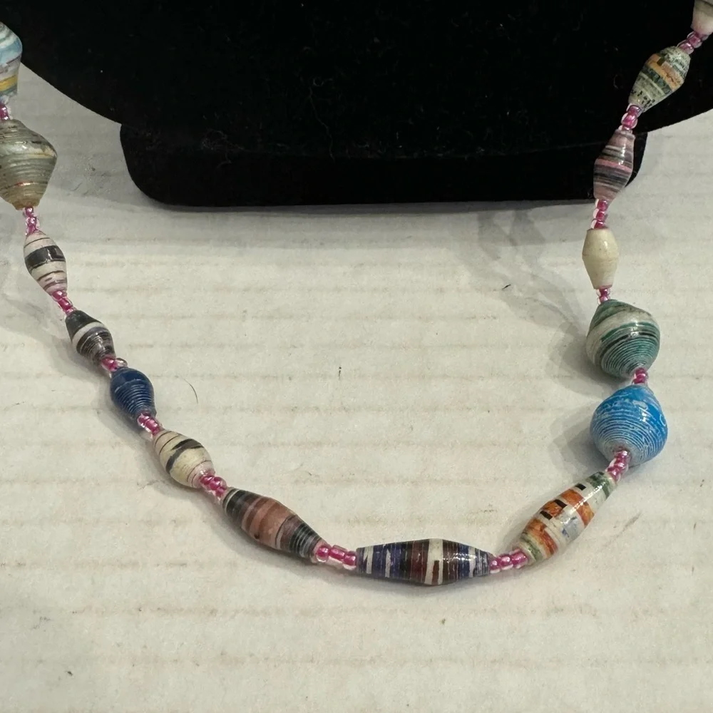 Bead for Life Recycled Paper Beaded Necklace Pastel Tones Made in Uganda Artisan